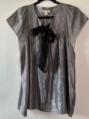 Banana Republic Silver/Gray Shimmery Tie-Neck Blouse with Black Bow